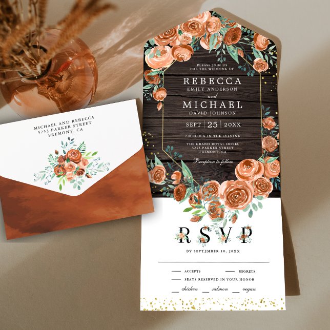 Invitation Tout En Un Mariage de bois Floral Orange Brûlé Terre Moderne (Créateur téléchargé)