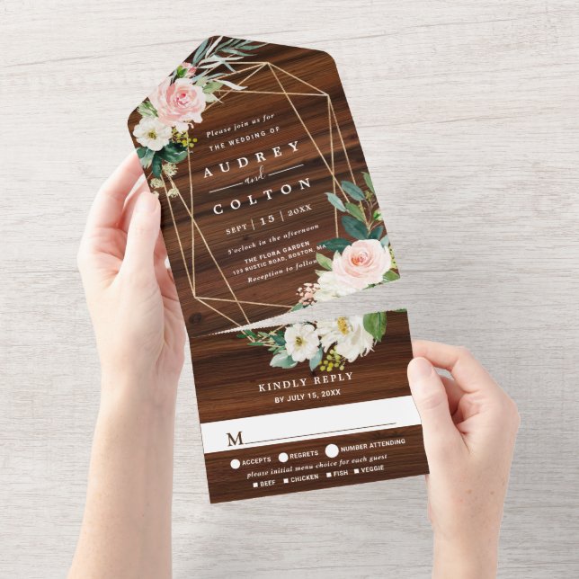 Invitation Tout En Un Mariage de bois géométrique Floral Rustique (Déchirure)