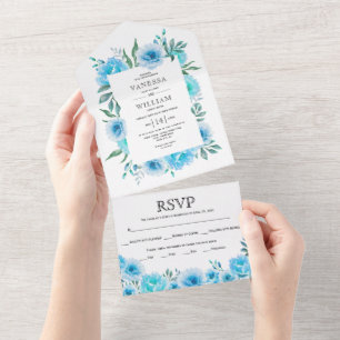 Invitation Tout En Un Mariage de bordure florale d'aquarelle bleue