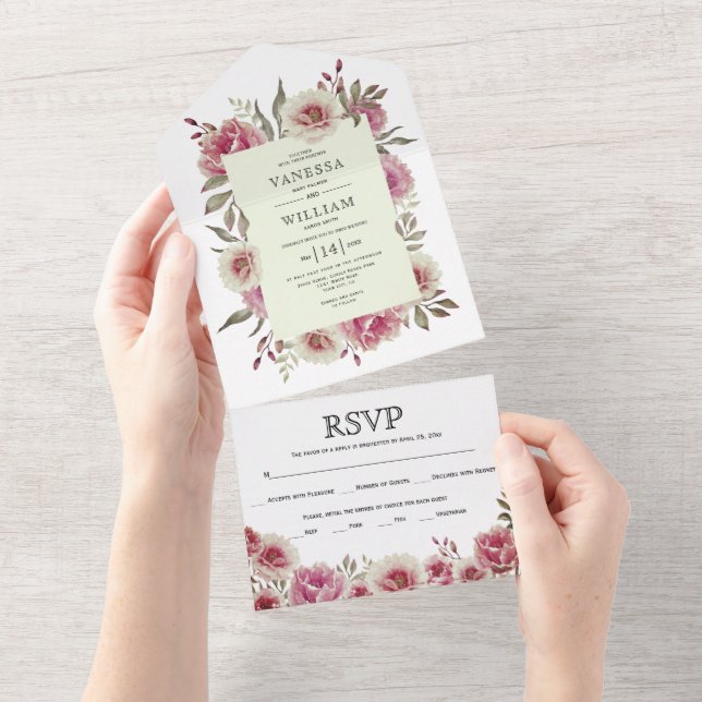 Invitation Tout En Un Mariage de bordure florale rose poussiéreux (Déchirure)
