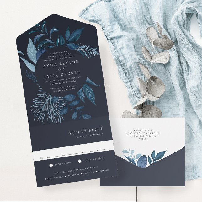Invitation Tout En Un Mariage de cadre botanique bleu hiver Azure (Créateur téléchargé)