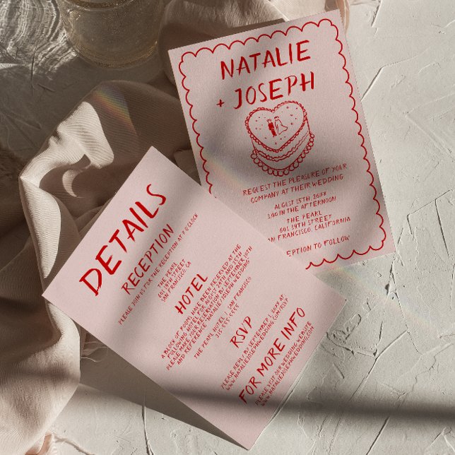 Invitation Tout en un Mariage de cadre de gâteau rouge rose m (Créateur téléchargé)