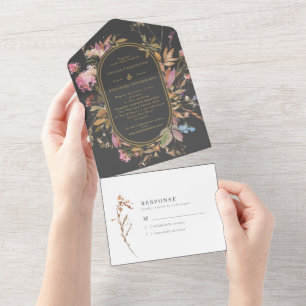 Invitation Tout En Un Mariage de cadre Fleur sauvage Bohemian Grey & Gol