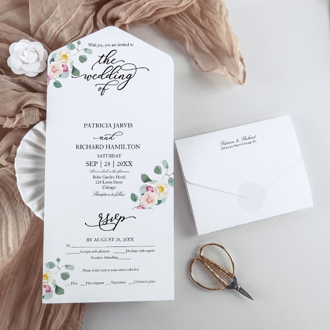 Invitation Tout En Un Mariage de calligraphie florale d'eucalyptus (Créateur téléchargé)