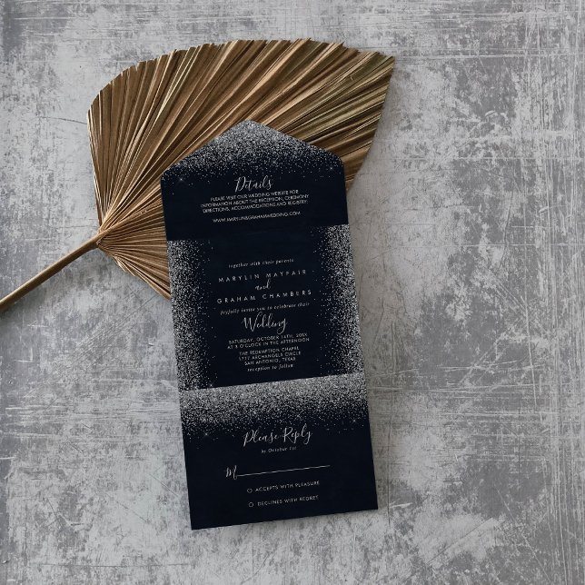 Invitation Tout En Un Mariage de calligraphie Silver Confetti (Créateur téléchargé)