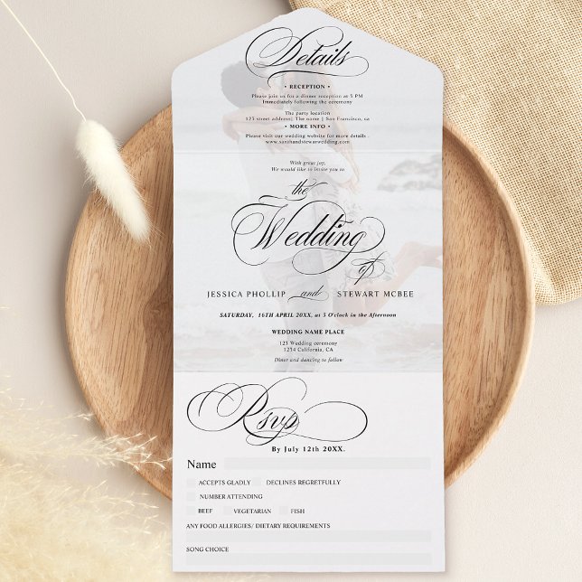 Invitation Tout En Un Mariage de calligraphie simple et élégant (Photo chic simple elegant calligraphy wedding all in one invitation)
