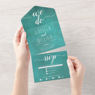 Invitation Tout En Un mariage de calligraphie turquoise bleue tachée