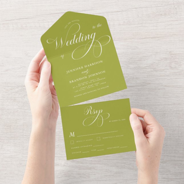 Invitation Tout En Un Mariage de calligraphie vert citron classique form (Déchirure)