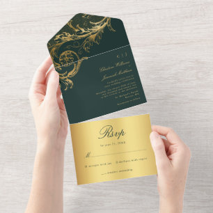 Invitation Tout En Un Mariage de calligraphie vintage Green Gold Damask