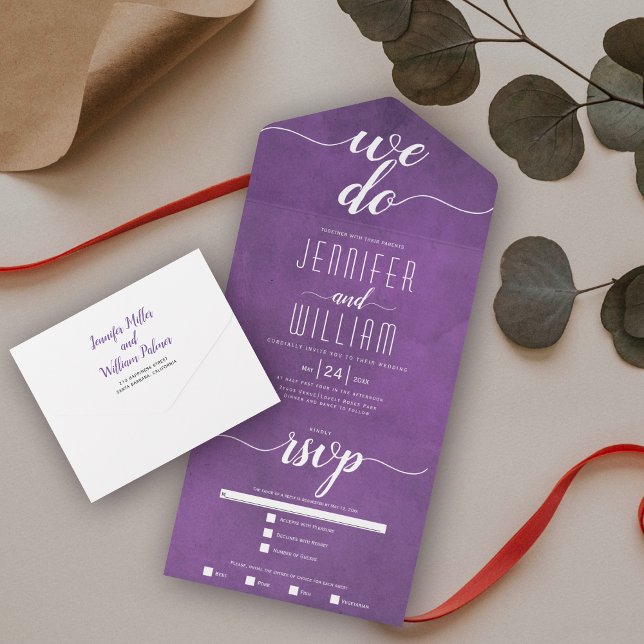 Invitation Tout En Un mariage de calligraphie violet taché "We do" (Créateur téléchargé)