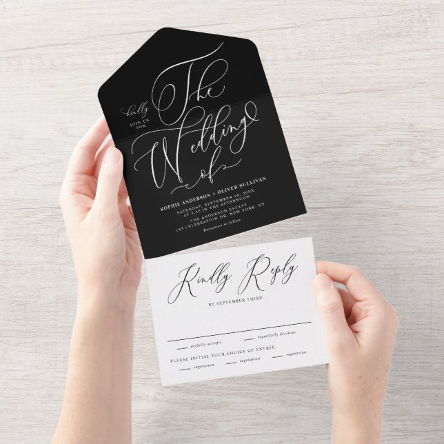 Invitation Tout En Un Mariage de calligraphie Whimsical Black Elegant (Déchirure)