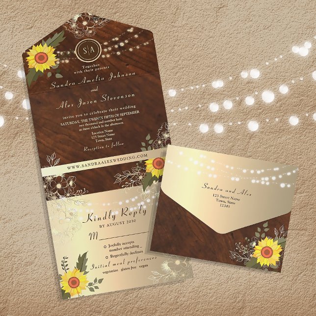 Invitation Tout En Un Mariage de chaîne de tournesol rustique (Créateur téléchargé)