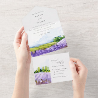 Invitation Tout En Un Mariage de champs de Lavande d'aquarelle rustique