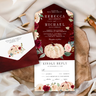 Invitation Tout En Un Mariage de citrouille florale Bourgogne et pêche