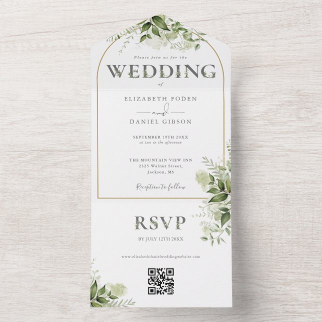 Invitation Tout En Un Mariage de code QR Arch Gold de Rustic Greenery (À l'intérieur)