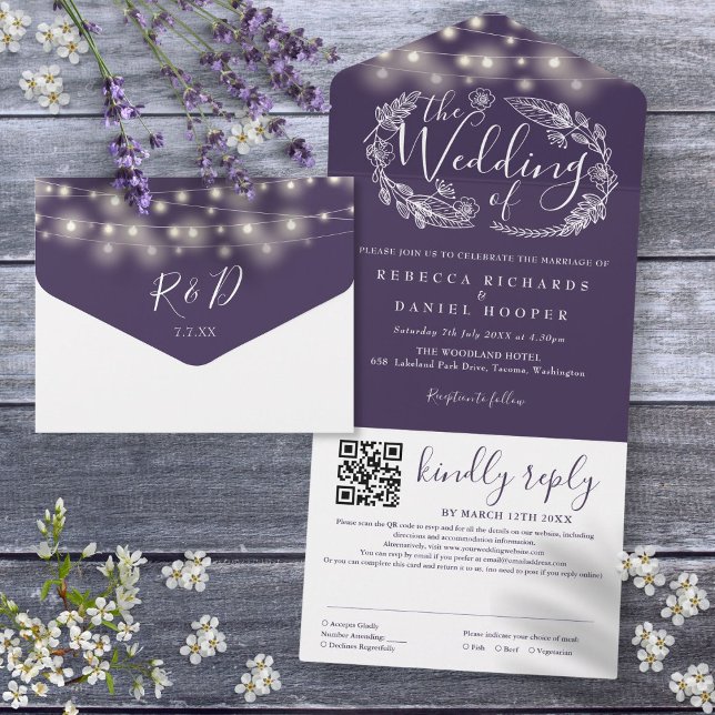Invitation Tout En Un Mariage de code QR avec voyants à chaîne violet (Purple String Lights QR Code Wedding All In One Invitation)