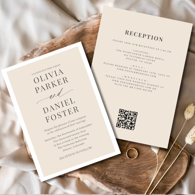 Invitation Tout en un Mariage de code QR beige neutre (Créateur téléchargé)