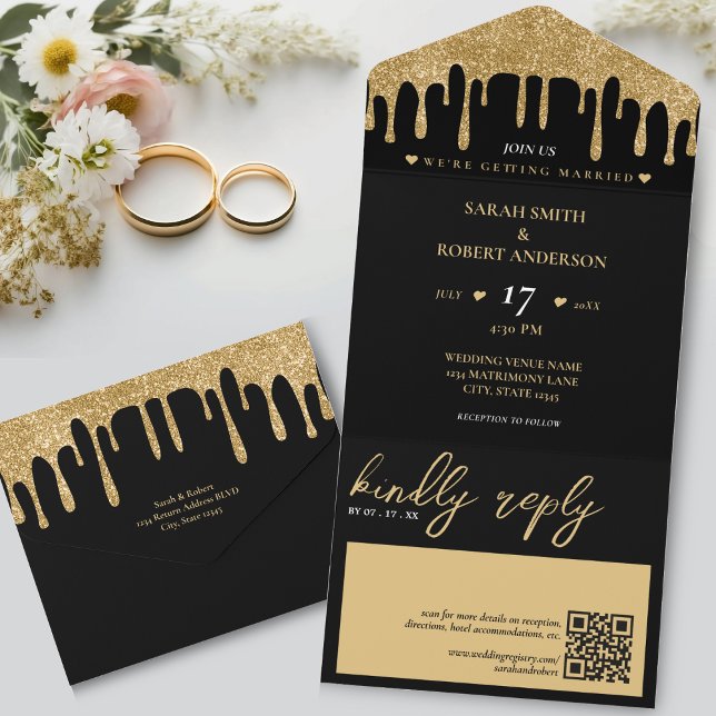 Invitation Tout En Un Mariage de code QR Black & Gold Parties scintillan (Black & Gold Glitter Drip QR Code Wedding All In One Invitation)