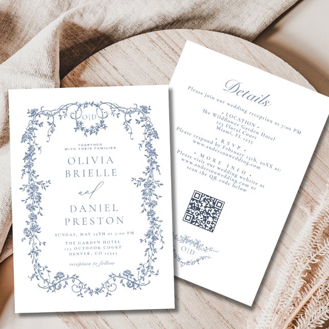 Invitation Tout en un Mariage de code QR bleu Dusty (Créateur téléchargé)
