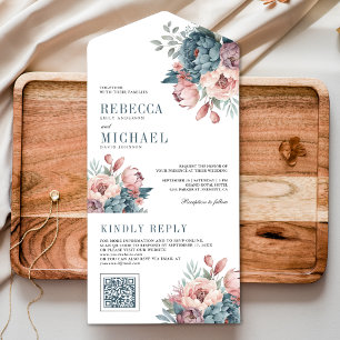 Invitation Tout En Un Mariage de code QR couleur bleu et rose