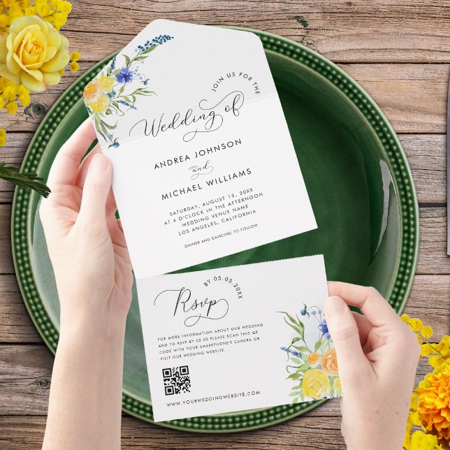Invitation Tout En Un Mariage de code QR de Fleur sauvage de printemps b (Créateur téléchargé)