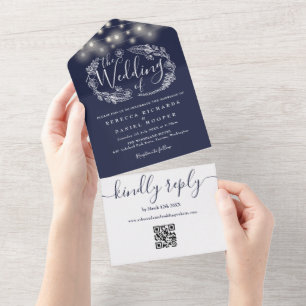 Invitation Tout En Un Mariage de code QR de la Marine Blue String