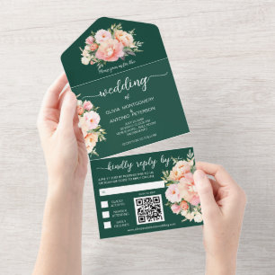 Invitation Tout En Un Mariage de code QR de pivoine d'aquarelle moderne