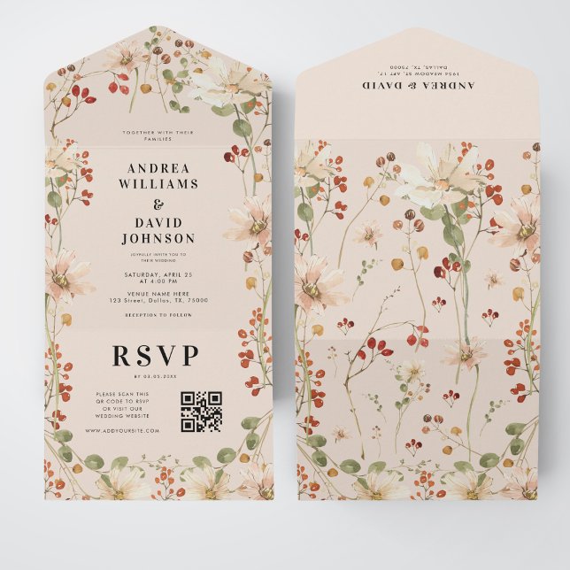 Invitation Tout En Un Mariage de code QR du Fleur sauvage d'aquarelle Be (Créateur téléchargé)