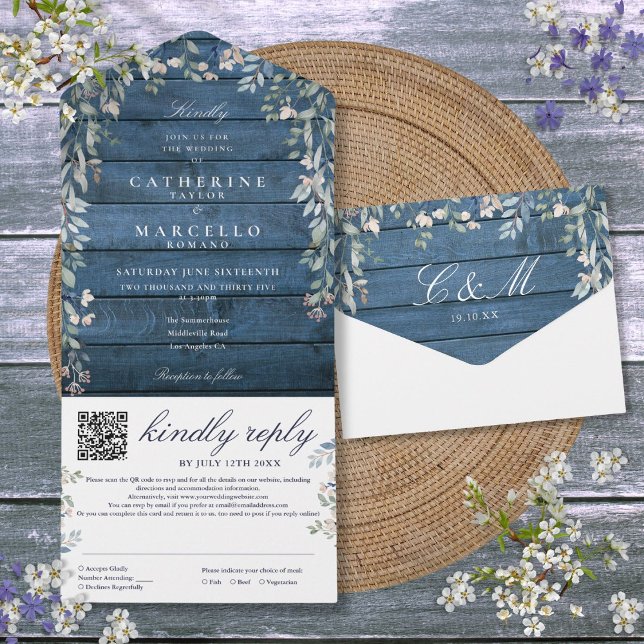 Invitation Tout En Un Mariage de code QR en bois bleu rustique (Rustic Blue Wood Floral Greenery QR Code Wedding All In One Invitation)