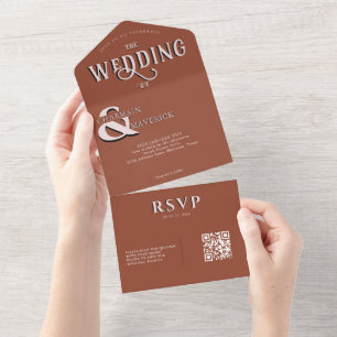 Invitation Tout En Un Mariage de code QR en terre cuite moderne et éléga