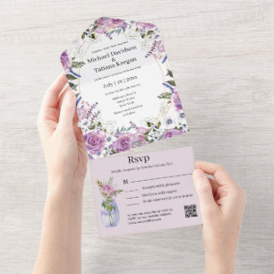 Invitation Tout En Un mariage de code qr fleuri pourpre à l'aquarelle de