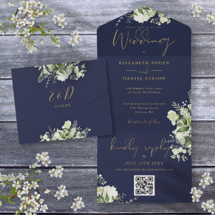 Invitation Tout En Un Mariage de code QR floral bleu marine et or vert