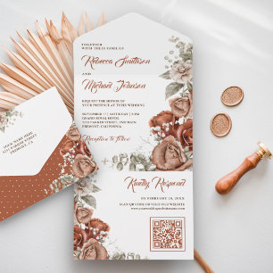 Invitation Tout En Un Mariage de code QR Floral Orange Terracotta Bural