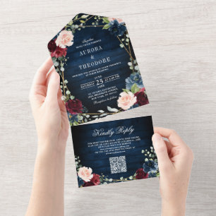 Invitation Tout En Un Mariage de code QR géométrique Blush de la marine