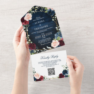 Invitation Tout En Un Mariage de code QR géométrique Blush de la marine