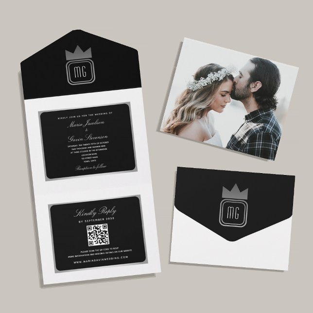 Invitation Tout En Un Mariage de code QR noir blanc argenté moderne (Créateur téléchargé)