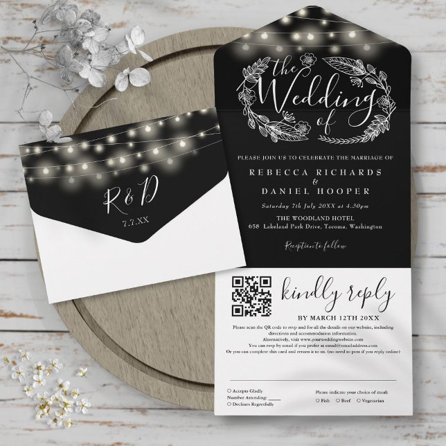 Invitation Tout En Un Mariage de code QR noir et blanc (Black And White String Lights QR Code Wedding All In One Invitation)