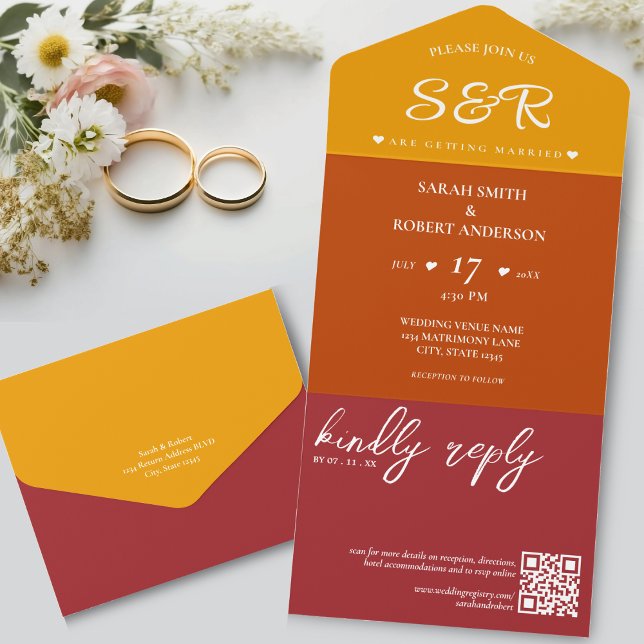 Invitation Tout En Un Mariage de code QR rétro Orange Bourgogne (Retro Orange Burgundy QR Code Wedding All In One Invitation)