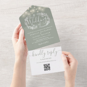 Invitation Tout En Un Mariage de code QR Sage Green