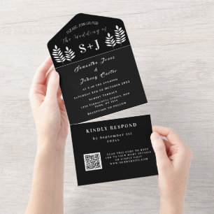 Invitation Tout En Un Mariage de code QR simple noir blanc