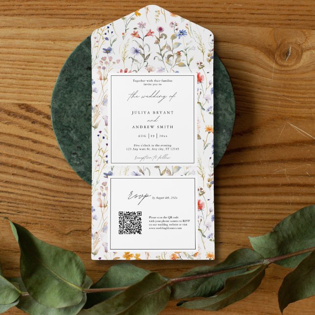 Invitation Tout En Un Mariage de code RSVP QR fleur sauvage élégant (Créateur téléchargé)