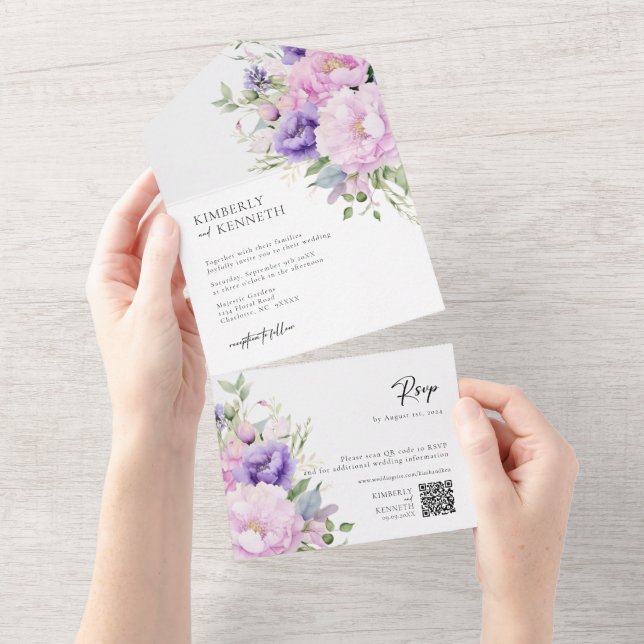 Invitation Tout En Un Mariage de code RSVP QR Pink Lavender (Déchirure)