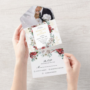 Invitation Tout En Un Mariage de corail d'or floral d'ivoire rouge Bourg