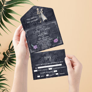 Invitation Tout En Un Mariage de couple de squelettes d'automne Hallowee