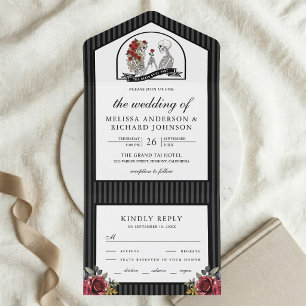 Invitation Tout En Un Mariage de couple squelette gothique aux roses rou