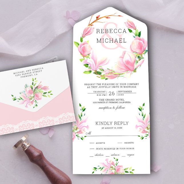 Invitation Tout En Un Mariage de couronne de fleurs de Magnolia rose (Créateur téléchargé)