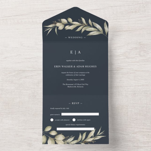 Invitation Tout En Un Mariage de couronne d'eucalyptus bleu foncé (À l'intérieur)