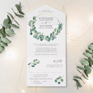Invitation Tout En Un Mariage de couronne d'or Eucalyptus Foliage Feuill