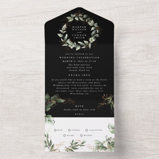 Invitation Tout En Un Mariage de couronnes noir onyx Premium (À l'intérieur)