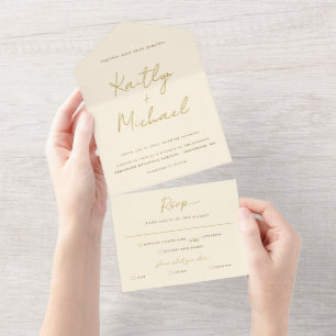 Invitation Tout En Un Mariage de crème dorée, déchirure moderne RSVP